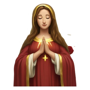 Virgin Mary: kind face looking down at the left, long brown hair, Wearing an emerald green  robe with gold stars and a burgundy red dress,  Hands in prayer or blessing. Halo around her head. standing in front of a big sun. colorful roses on the sides  sticker