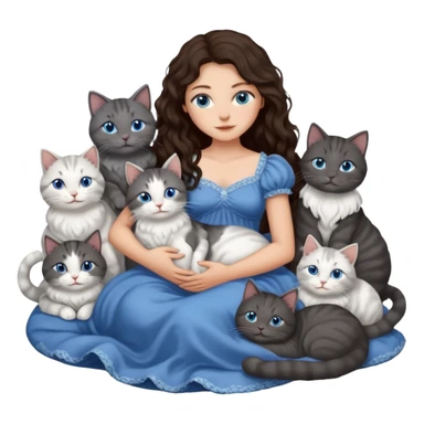 detailed realistic looking a dark grey and white cat regally laying with six other cats, cuddling with their owner in bed who is a pretty bratz lightly tanned white girl with long dark brown hair, blue eyes and gorgeous long wavy hair wearing a pretty detailed dress sticker