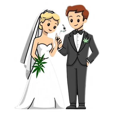 Bride in white dress and groom in tuxedo sharing a cannabis joint, cheerful cartoon wedding couple sticker