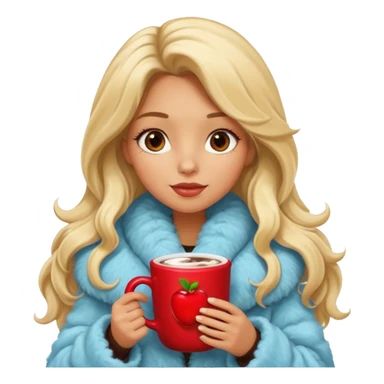 Tanned Girl with lashes , blonde hair, in an extremely big fluffy oversized coat and hold hot chocolate drink and more look like apple emoji face sticker