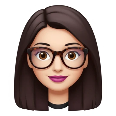 White woman with long straight dark brown hair parted in the middle, dark Brown eyes, light tortoiseshell framed glasses (no pink colour). The lips have soft dark old pink coloured lipstick, and lith smile (no teeth showing). No shaddow make-up in the eyes. sticker