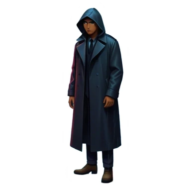 Movie Poster: A tense, gripping design with dramatic lighting. Include a mysterious figure in a dark coat standing in a rain-soaked alley, with glowing neon signs in the background. Shadows loom, and ominous shapes emerge from the mist. Suspenseful and cinematic atmosphere. Transparent background. sticker