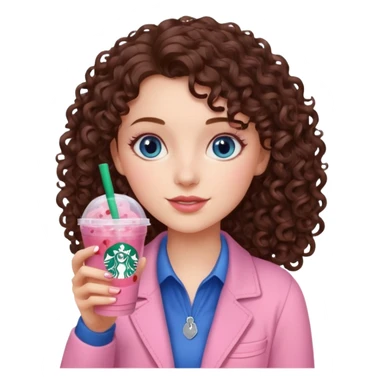 make an emoji of a curly brunette blue eye girl wearing light pink drinking a strawberry acai refresher from starbucks sticker