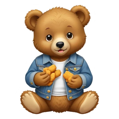 A black bear cub wearing a jeans jacket eating chicken nuggets sticker