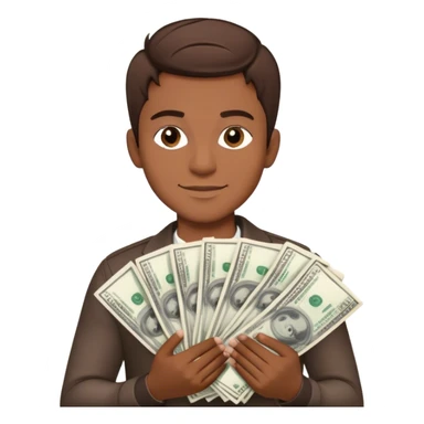 A confident young man with short brown hair, holding two thick stacks of cash in both hands. He has a smirking, successful expression. The money is detailed, with visible bills, and the background is minimalistic yet luxurious. sticker