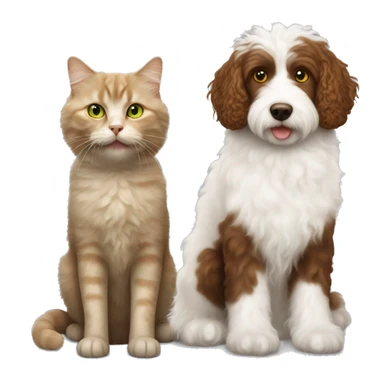 A fluffy cream-and-white cat with yellow-green eyes next to a curly brown Labradoodle sticker