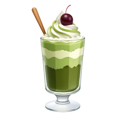 Japanese matcha parfait in a glass, with layers of green tea ice cream, and whipped cream sticker