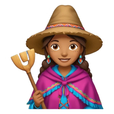 3D emoji style illustration of a Peruvian Andean farmer (woman), wearing traditional chullo hat and poncho, holding a hoe, smiling, mountains in background, bright natural colors, bold outlines, glossy sticker style, transparent background sticker