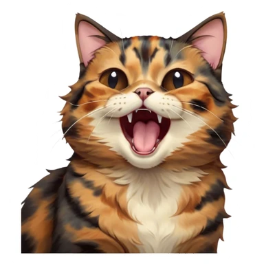 Cinematic Cute Yawning Tortoiseshell Cat Portrait Emoji, Head slightly tilted with a wide, adorable yawn and half-closed, dreamy eyes, featuring a warm, mottled fur of rich browns and blacks, simplified yet irresistibly cute, highly detailed, glowing with a soft, slumbering radiance, high shine, exuding a relaxed, drowsy charm, styled with a gentle, soft glowing outline, capturing the essence of a tortoiseshell cat in a precious moment of sleepy delight! sticker