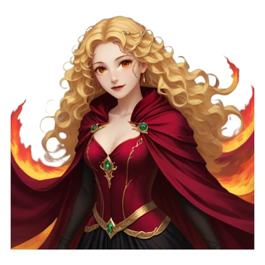 A breathtakingly beautiful female Fae with golden, wavy hair cascading down her back, her amber eyes sparkling with both warmth and untamed power. She wears a fitted black bodice paired with an opulent crimson cloak, the fabric swirling around her like liquid fire. Her lips are curved in a knowing smile, her posture both regal and effortlessly confident sticker