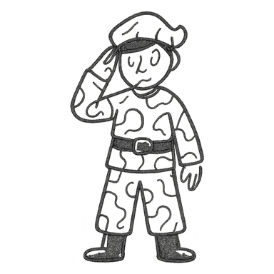 Remove the text from the chest, keep the little soldier doll with a camouflage uniform (cream, brown, beige), saluting like a military figure, in a hand-drawn style. sticker