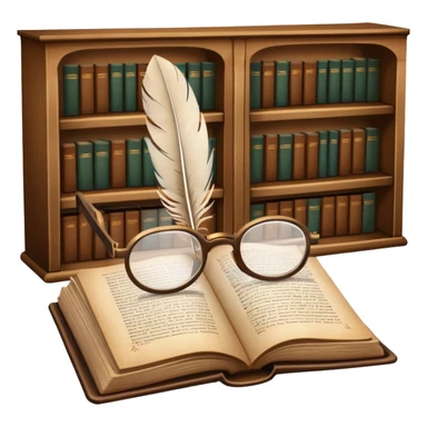 An icon featuring an open book with classic text, a feather quill, and reading glasses, symbolizing literary studies. The design includes old library shelves and vintage manuscripts in the background. Transparent background emphasizes the deep analysis of written works and literary history. sticker