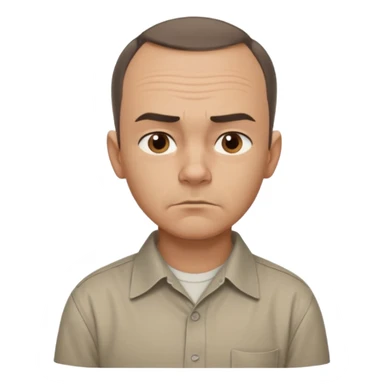 Carl from Sling Blade, serious expression, recognizable features, chin sticking out, slouching posture, no glasses, shirt with collar,  side view,show his entire body, he is standing. three-quarter face angle. He sticks his head forward. face should be more realistic sticker