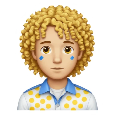 Make me an emoji that has a guy with a white shirt and yellow tape around the shirt with brown and blue spots hair make the hair curly make the yellow tape go around it sticker