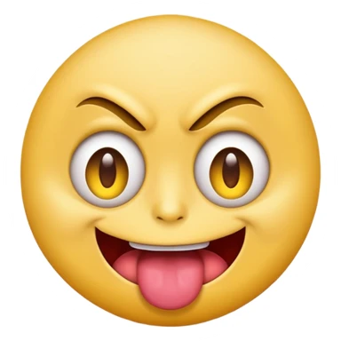 A yellow round face emoji smirking with its tounge out but the eyes are evil and kind of crazy and one eyebrow is raised in a suggestive way sticker