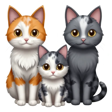 3 different coloured small cats including a dark grey and white, and a patchy calico and a completely solid dark grey with only white paws sticker