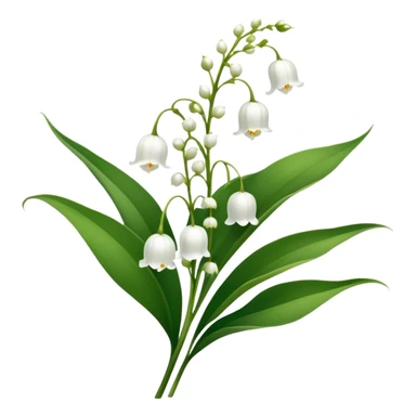 Botanically accurate lily of the valley with large oval basal leaves pointing upward, and a central stem with small white bell-shaped flowers hanging to one side sticker