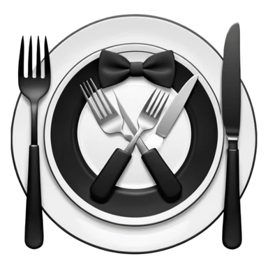 Minimalistic flat vector icon, iOS style, thin black contour on white background. Fork and knife crossed on a plate with a small bow tie above. Clean, no text, no shadows sticker