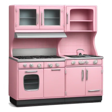 Isolated full length Realistic bubblegum vintage retro kitchen range with cabinets and counters. sticker
