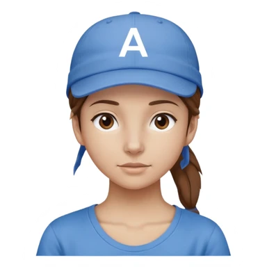 fille les cheveux chatain attachés avec une casquette bleu et un "AE" blanc dessus, elle porte un t-shirt de couleur gris  sticker