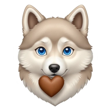 Beige husky with blue eyes holding a brown heart sticker