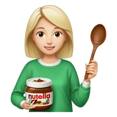 Blond woman with white and green pullover holds in one hand a big carriage of Nutella and in the other hand a oversized spoon which is in the carriage of Nutella sticker