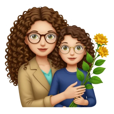 light skinned brunette long curly haired woman with green/hazel eyes framed with fine round gold rimmed glasses holding big bright bunch of flowers with one hand and young kindergarten age daughter's hand (also with long brown curly hair) in other. White background. sticker