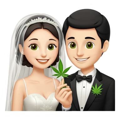 Bride in white dress and groom in tuxedo sharing a cannabis joint, cheerful cartoon wedding couple sticker