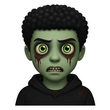 Change the hair to a Black hairstyle with tight curls or afro and add a black hoodie. Keep the boy zombie's green skin, emo vibe, and creepy expression. sticker