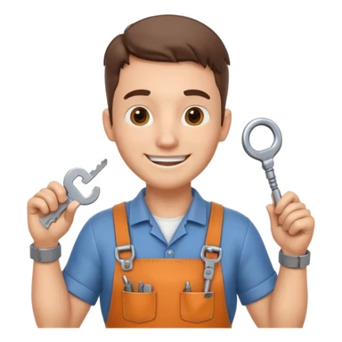 locksmith portrait, head and shoulders only, wearing work apron collar, holding a key near face, friendly confident smile, tool belt strap visible, 3D cartoon, mobile game icon style, clean background, no text, no watermark

 sticker