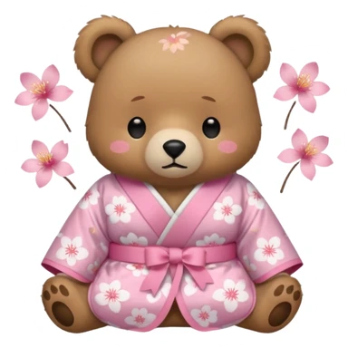 A cute light-brown bear wearing a pastel pink sakura-patterned kimono with a small ribbon on the back, normal balanced head and body proportions, sleepy half-closed eyes, mouth slightly open in a drowsy expression, tiny “zzz” floating near the head, a couple of sakura petals around
 sticker