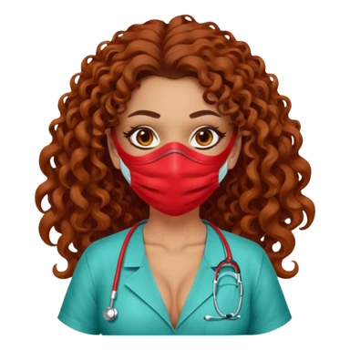 Sensual Spanish Lilith core evil surgeon.red outfit.  Surgeon has hazel eyes. Her hair is BROWN. Hair is also  long and  curly. wearing a sexy surgeon outfit with platform  heels.she is a calculated killer. She covers only her mouth and nose with mask to hide identity sticker