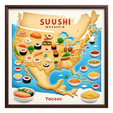 Icon for Culinary Tourism: a map with various national dishes from around the world, like sushi, pasta, and tacos, surrounded by iconic landmarks. The icon should represent the joy of exploring different cuisines during travel. Transparent background. sticker
