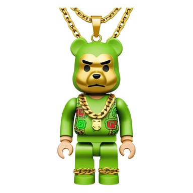 classic bearbrick figure with lime green mask covered in chaotic brand logos, wearing several large gold chains, gold pendant, rapper style accessories, expressive eyebrows sticker