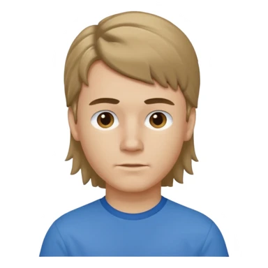 boy with dark blonde hair in a mullet with a neat blue shirt sticker