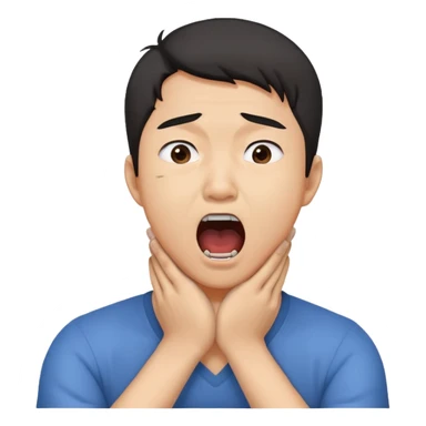 Asian guy chocking himself with his arms on his throat and a screaming face sticker