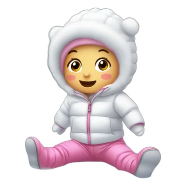 Baby wearing white jacket, white beanie, and pink pants doing a snow angel in snow on the ground sticker