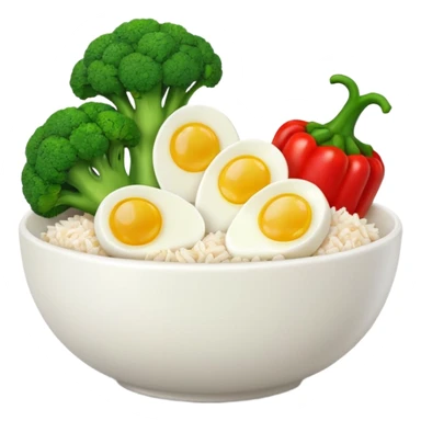 3D food emoji, glossy, smooth shapes, premium style,
broccoli, red bell pepper, rice bowl, chicken breast,
boiled eggs, vitamins bottle,
light warm background
 sticker
