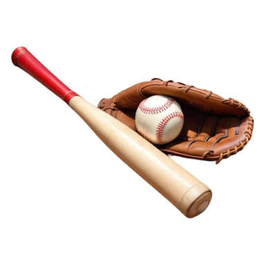 A baseball bat, ball, and glove resting on the ground, set against the backdrop of a baseball field. The scene captures the iconic equipment of the sport, with the field in the distance and a bright sky above, evoking the spirit of the game. sticker