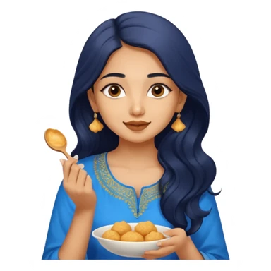 a pretty tan indian bratz girl. eyeliner on, wearing a blue kurti, eating golgappa. NO SPOON. wavy long BLACK coloured hair sticker