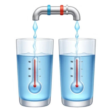 3D illustration of two glasses of water — one cold, one hot, with a thermometer inside each. Particles dissolving faster in hot water, slower in cold. Minimalist, clean, bright, modern 3D icon style. sticker