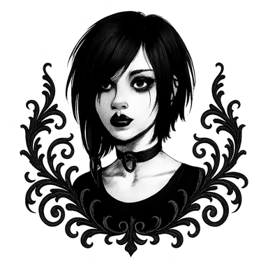 emo girl with choker necklace, dark lipstick, gothic filigree sticker
