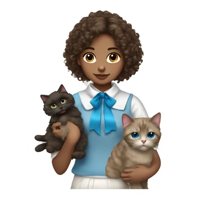 Brunette curly hair girl holding a fluffy Ragdoll cat with blue eyes and bow collar sticker