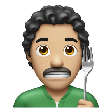A man in a green jumpsuit that says 230 and the man has black hair but his hair is purple on the top and he is crying with a metal fork in his hand sticker