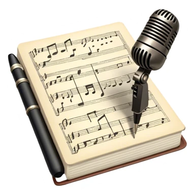 Create an emoji representing songwriting. The design should feature an open notebook or sheet music with visible lyrics and musical notes, symbolizing the process of writing song lyrics. A pen or pencil should be placed near the notebook, indicating active writing. Optionally, include a vintage microphone or a quill to add a creative touch. Use a harmonious color palette with warm and neutral tones. Do not include any emojis or smiley faces. Make the background transparent. sticker