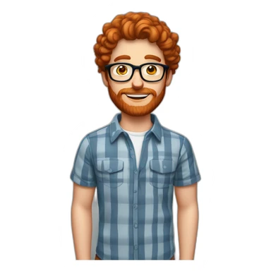 man. around 25. redhead. blue eyed man. short mid curly hair. with beard and glasses. scarlet checked shirt sticker