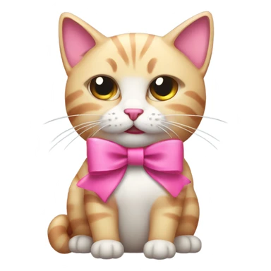 Cat with a cut pink bow and she is rageoll with a bit of a squished face sticker