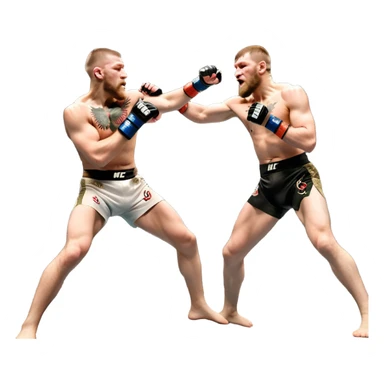 Iconic MMA match between Conor McGregor and Khabib Nurmagomedov in the octagon. McGregor throws a powerful punch while Khabib counters with a takedown attempt. The crowd roars in the background as the fighters showcase their intense rivalry. Transparent background captures the high-stakes fight sticker