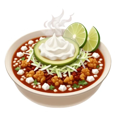 A delicious hot bowl of pozole rojo emoji. Steam rising. Hominy visible. Place the sides next to the bowl: chopped onions, shredded cabbage, lime wedges, red chile de arbol salsa, and full round tostadas with a light smear of sour cream sticker