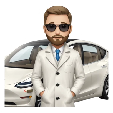 White tesla model 3 with one cool physician with dark blond hair, beard and dark sunglasses next to it sticker